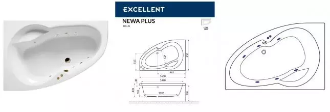 Гидромассажная ванна акриловая «Excellent» Newa 160/95 Soft с каркасом с сифоном белая/бронза левая