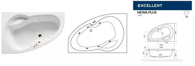 Гидромассажная ванна акриловая «Excellent» Newa 160/95 Soft с каркасом с сифоном белая/золото левая