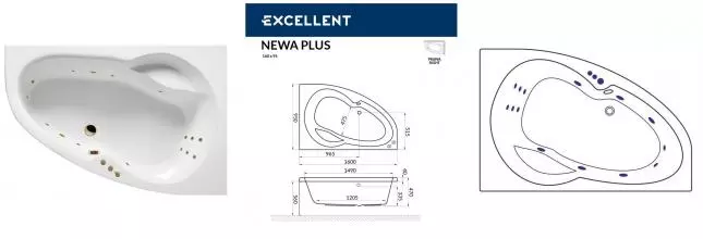 Гидромассажная ванна акриловая «Excellent» Newa 160/95 Smart с каркасом с сифоном белая/бронза правая