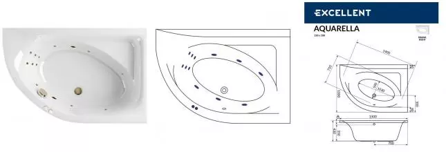 Гидромассажная ванна акриловая «Excellent» Aquarella 150/100 Line с каркасом с сифоном белая/бронза правая