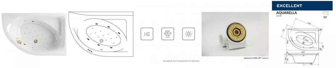 Гидромассажная ванна акриловая «Excellent» Aquarella 150/100 Relax с каркасом с сифоном белая/золото правая Гидромассажная ванна акриловая «Excellent» Aquarella 150/100 Relax с каркасом с сифоном белая/золото правая