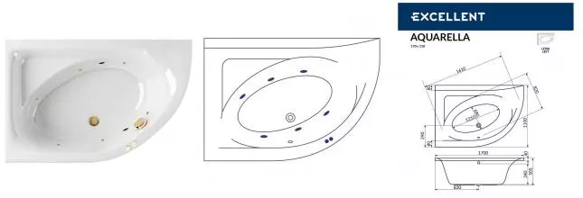 Гидромассажная ванна акриловая «Excellent» Aquarella 170/110 Soft с каркасом с сифоном белая/золото левая