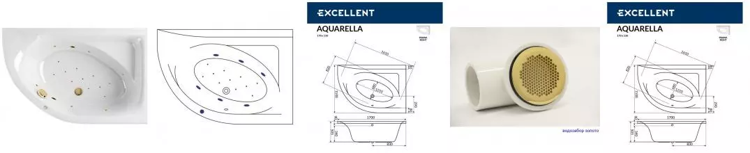 Гидромассажная ванна акриловая «Excellent» Aquarella 170/110 Relax с каркасом с сифоном белая/золото правая Гидромассажная ванна акриловая «Excellent» Aquarella 170/110 Relax с каркасом с сифоном белая/золото правая