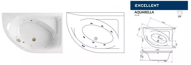 Гидромассажная ванна акриловая «Excellent» Aquarella 170/110 Soft с каркасом с сифоном белая/бронза правая