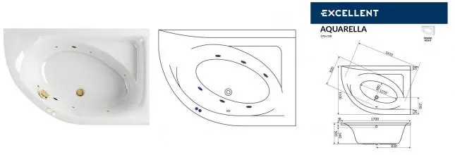 Гидромассажная ванна акриловая «Excellent» Aquarella 170/110 Soft с каркасом с сифоном белая/золото правая