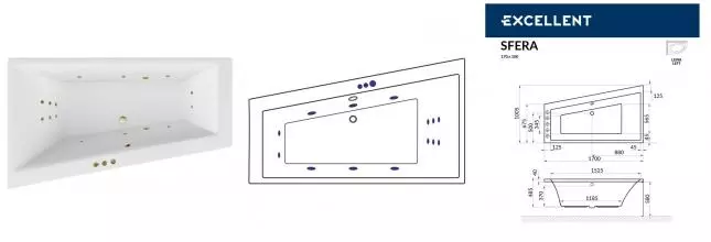 Гидромассажная ванна акриловая «Excellent» Sfera 170/100 Smart с каркасом с сифоном белая/бронза левая