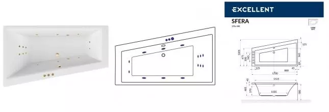 Гидромассажная ванна акриловая «Excellent» Sfera 170/100 Smart с каркасом с сифоном белая/золото левая