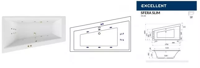 Гидромассажная ванна акриловая «Excellent» Sfera Slim 170/100 Line с каркасом с сифоном белая/бронза левая