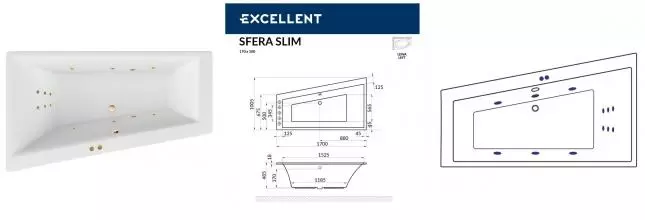 Гидромассажная ванна акриловая «Excellent» Sfera Slim 170/100 Line с каркасом с сифоном белая/золото левая