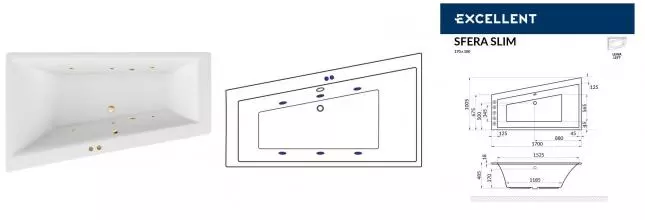 Гидромассажная ванна акриловая «Excellent» Sfera Slim 170/100 Soft с каркасом с сифоном белая/золото левая