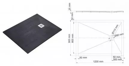 Душевой поддон «WasserKRAFT» Dill 61T07 120/90 низкий из литьевого мрамора прямоугольный чёрный матовый