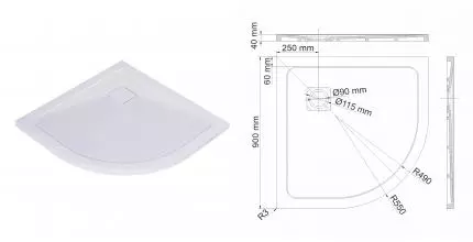 Душевой поддон «WasserKRAFT» Dinkel 58T01 90/90 низкий из литьевого мрамора четверть круга белый глянец