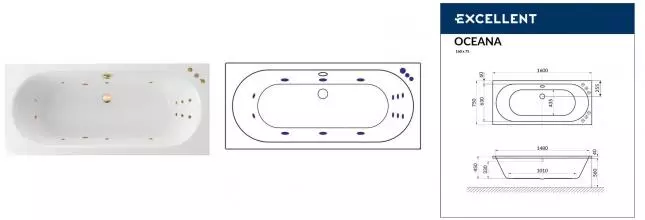 Гидромассажная ванна акриловая «Excellent» Oceana 160/75 Smart с каркасом с сифоном белая/золото
