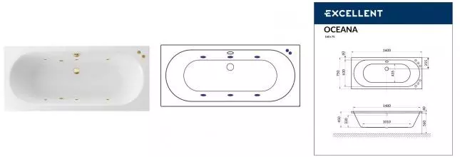 Гидромассажная ванна акриловая «Excellent» Oceana 160/75 Soft с каркасом с сифоном белая/золото
