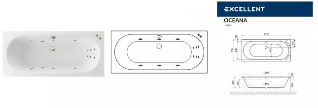 Гидромассажная ванна акриловая «Excellent» Oceana 170/75 Line с каркасом с сифоном белая/бронза