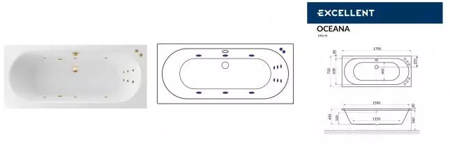 Гидромассажная ванна акриловая «Excellent» Oceana 170/75 Line с каркасом с сифоном белая/золото