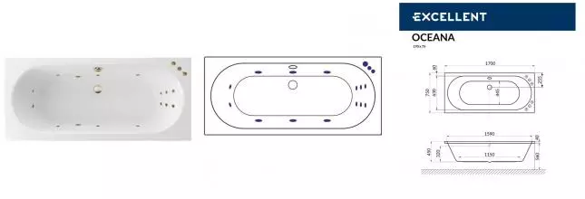 Гидромассажная ванна акриловая «Excellent» Oceana 170/75 Smart с каркасом с сифоном белая/бронза