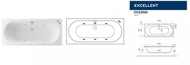 Гидромассажная ванна акриловая «Excellent» Oceana 170/75 Soft с каркасом с сифоном белая/бронза