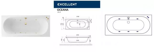 Гидромассажная ванна акриловая «Excellent» Oceana 170/75 Soft с каркасом с сифоном белая/золото