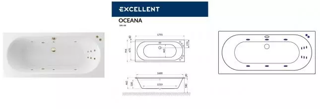 Гидромассажная ванна акриловая «Excellent» Oceana 180/80 Line с каркасом с сифоном белая/бронза