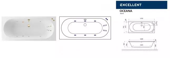Гидромассажная ванна акриловая «Excellent» Oceana 180/80 Line с каркасом с сифоном белая/золото