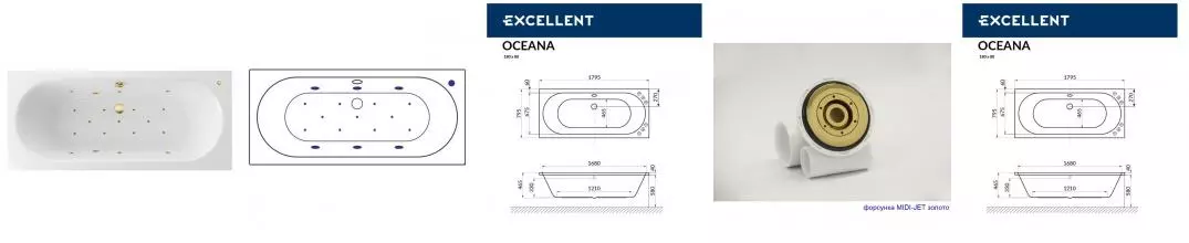 Гидромассажная ванна акриловая «Excellent» Oceana 180/80 Relax с каркасом с сифоном белая/золото