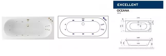 Гидромассажная ванна акриловая «Excellent» Oceana 180/80 Smart с каркасом с сифоном белая/бронза