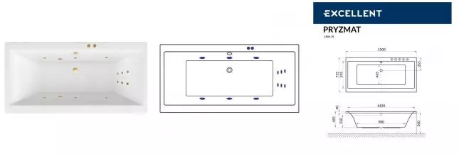 Гидромассажная ванна акриловая «Excellent» Pryzmat 150/75 Line с каркасом с сифоном белая/золото