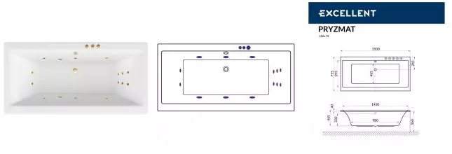 Гидромассажная ванна акриловая «Excellent» Pryzmat 150/75 Smart с каркасом с сифоном белая/золото