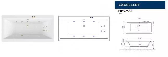 Гидромассажная ванна акриловая «Excellent» Pryzmat 170/75 Line с каркасом с сифоном белая/бронза Гидромассажная ванна акриловая «Excellent» Pryzmat 170/75 Line с каркасом с сифоном белая/бронза
