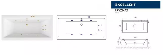 Гидромассажная ванна акриловая «Excellent» Pryzmat 170/75 Line с каркасом с сифоном белая/золото Гидромассажная ванна акриловая «Excellent» Pryzmat 170/75 Line с каркасом с сифоном белая/золото