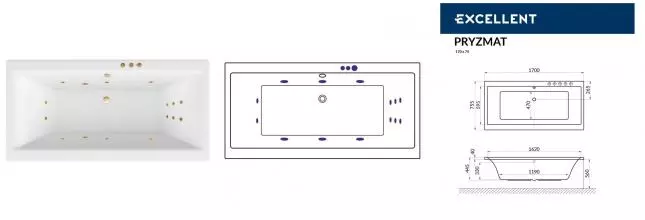 Гидромассажная ванна акриловая «Excellent» Pryzmat 170/75 Smart с каркасом с сифоном белая/золото Гидромассажная ванна акриловая «Excellent» Pryzmat 170/75 Smart с каркасом с сифоном белая/золото
