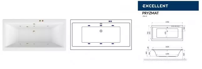 Гидромассажная ванна акриловая «Excellent» Pryzmat 170/75 Soft с каркасом с сифоном белая/бронза