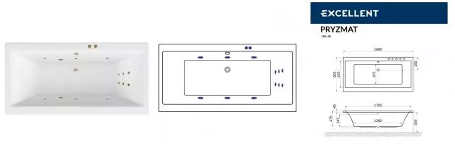 Гидромассажная ванна акриловая «Excellent» Pryzmat 180/80 Line с каркасом с сифоном белая/бронза Гидромассажная ванна акриловая «Excellent» Pryzmat 180/80 Line с каркасом с сифоном белая/бронза