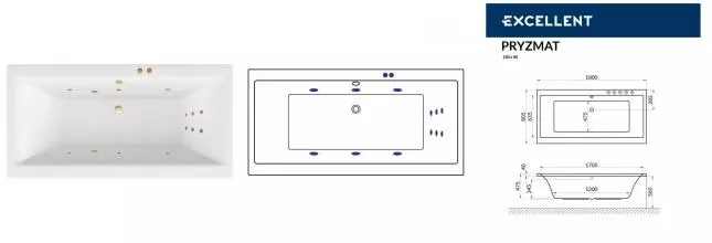 Гидромассажная ванна акриловая «Excellent» Pryzmat 180/80 Line с каркасом с сифоном белая/золото Гидромассажная ванна акриловая «Excellent» Pryzmat 180/80 Line с каркасом с сифоном белая/золото