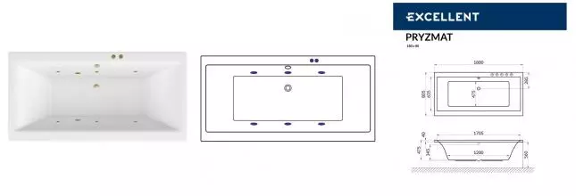 Гидромассажная ванна акриловая «Excellent» Pryzmat 180/80 Soft с каркасом с сифоном белая/бронза
