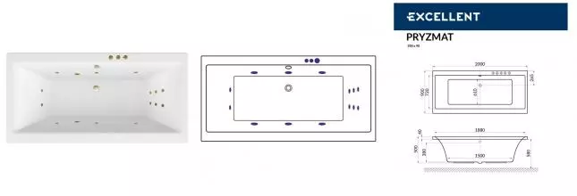 Гидромассажная ванна акриловая «Excellent» Pryzmat 200/90 Smart с каркасом с сифоном белая/бронза