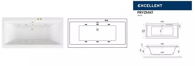 Гидромассажная ванна акриловая «Excellent» Pryzmat 200/90 Soft с каркасом с сифоном белая/золото