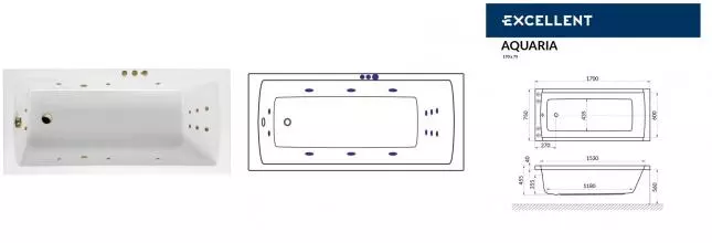 Гидромассажная ванна акриловая «Excellent» Aquaria 170/75 Smart с каркасом с сифоном белая/бронза