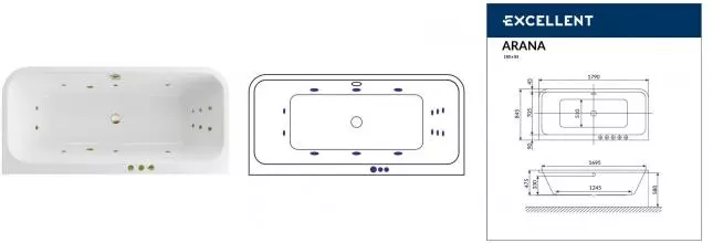 Гидромассажная ванна акриловая «Excellent» Arana 180/85 Smart с каркасом с сифоном белая/бронза