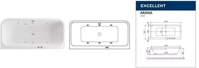 Гидромассажная ванна акриловая «Excellent» Arana 180/85 Soft с каркасом с сифоном белая/бронза