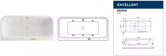 Гидромассажная ванна акриловая «Excellent» Arana 180/85 Soft с каркасом с сифоном белая/золото