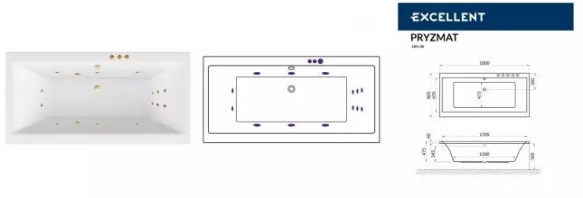 Гидромассажная ванна акриловая «Excellent» Pryzmat 180/80 Smart с каркасом с сифоном белая/золото Гидромассажная ванна акриловая «Excellent» Pryzmat 180/80 Smart с каркасом с сифоном белая/золото