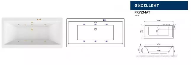Гидромассажная ванна акриловая «Excellent» Pryzmat 180/80 Soft с каркасом с сифоном белая/золото