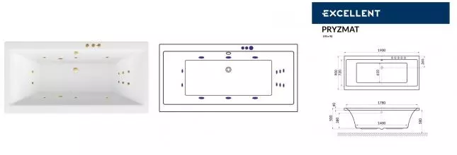 Гидромассажная ванна акриловая «Excellent» Pryzmat 190/90 Smart с каркасом с сифоном белая/золото