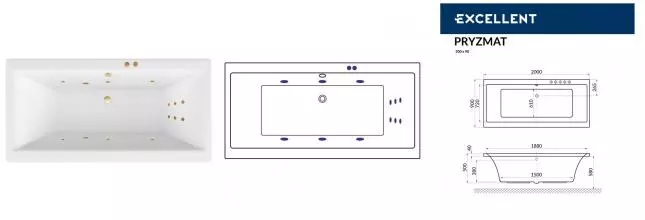 Гидромассажная ванна акриловая «Excellent» Pryzmat 200/90 Line с каркасом с сифоном белая/золото