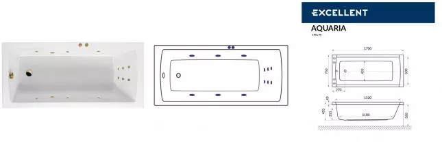 Гидромассажная ванна акриловая «Excellent» Aquaria 170/75 Line с каркасом с сифоном белая/золото