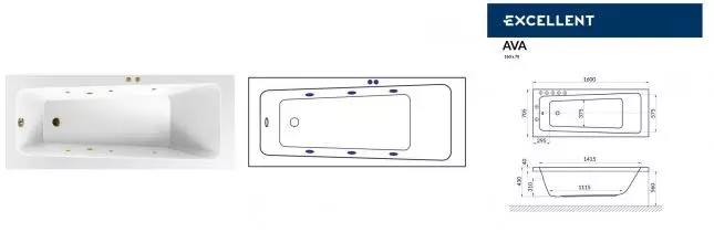 Гидромассажная ванна акриловая «Excellent» Ava 160/70 Soft с каркасом с сифоном белая/золото