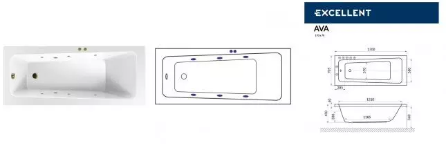 Гидромассажная ванна акриловая «Excellent» Ava 170/70 Soft с каркасом с сифоном белая/бронза