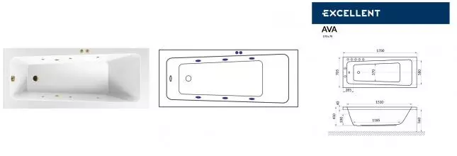 Гидромассажная ванна акриловая «Excellent» Ava 170/70 Soft с каркасом с сифоном белая/золото